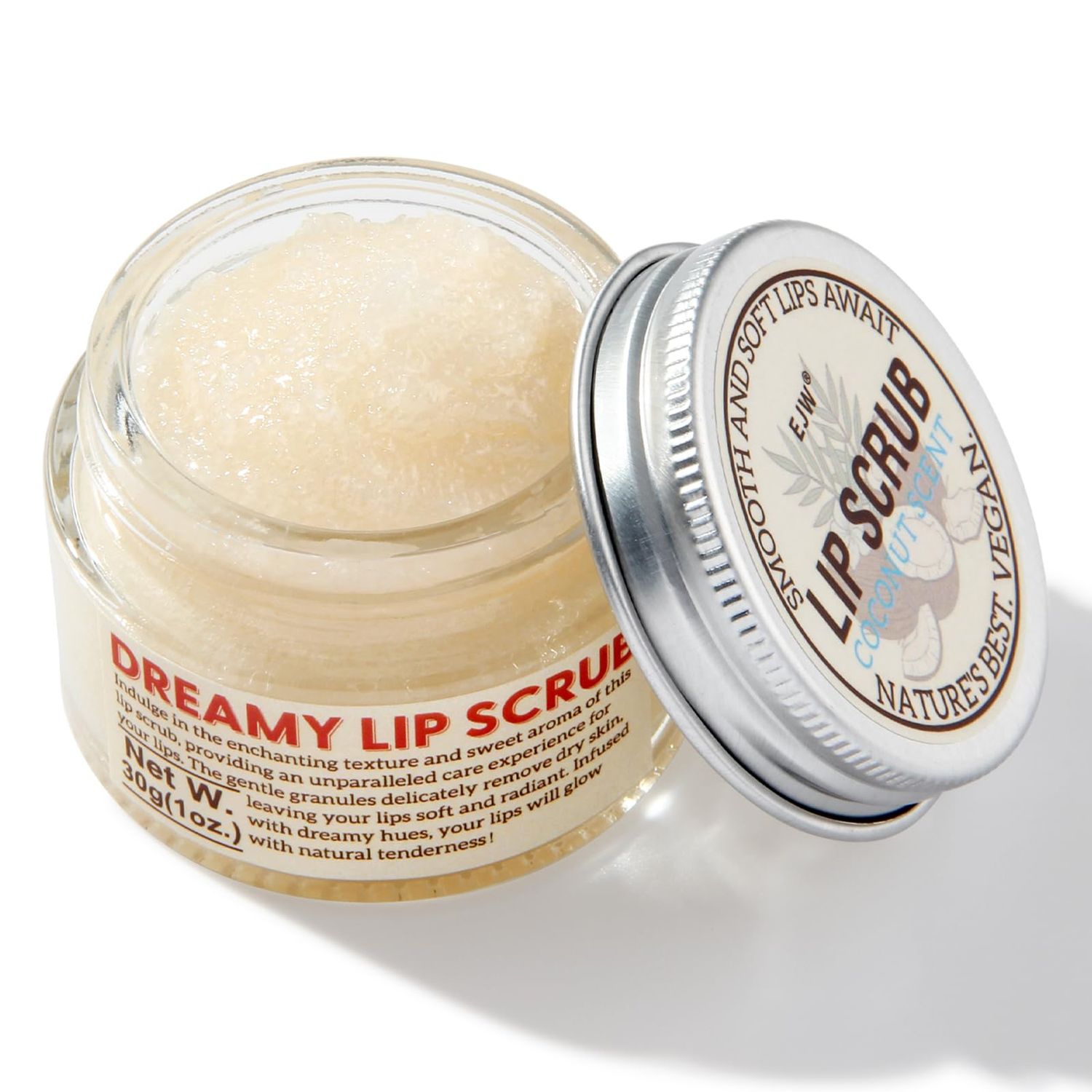 EJW Nourishing Lip Scrub - Infused with Coconut Oil, Olive Fruit Oil, and Jojoba Seed Oil, 1.05oz - Exfoliate, Hydrate, and Glow for Chapped Dry, Dark Lips