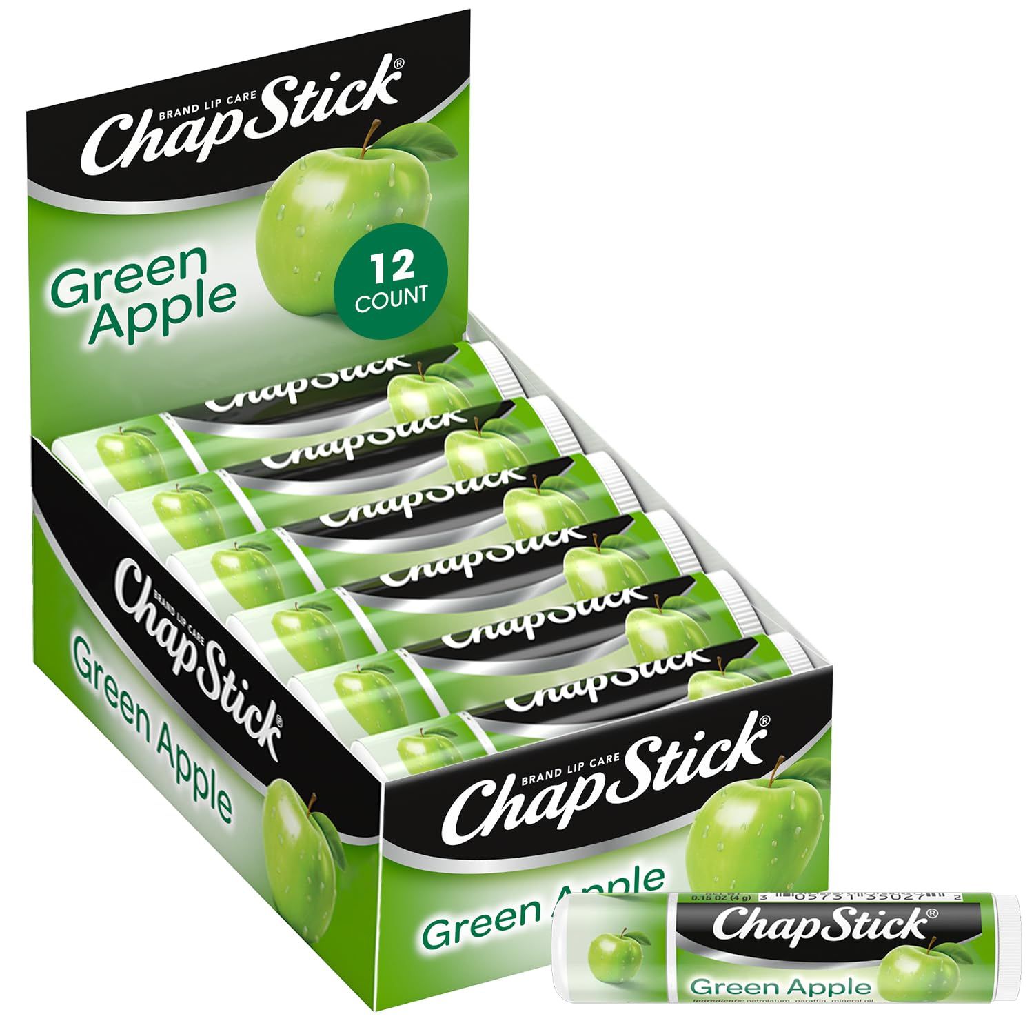 ChapStick Lip Moisturizer, Green Apple, 12-Pack - Bulk Lip Balm, Sweet &amp; Tangy, 0.15 Oz Ea