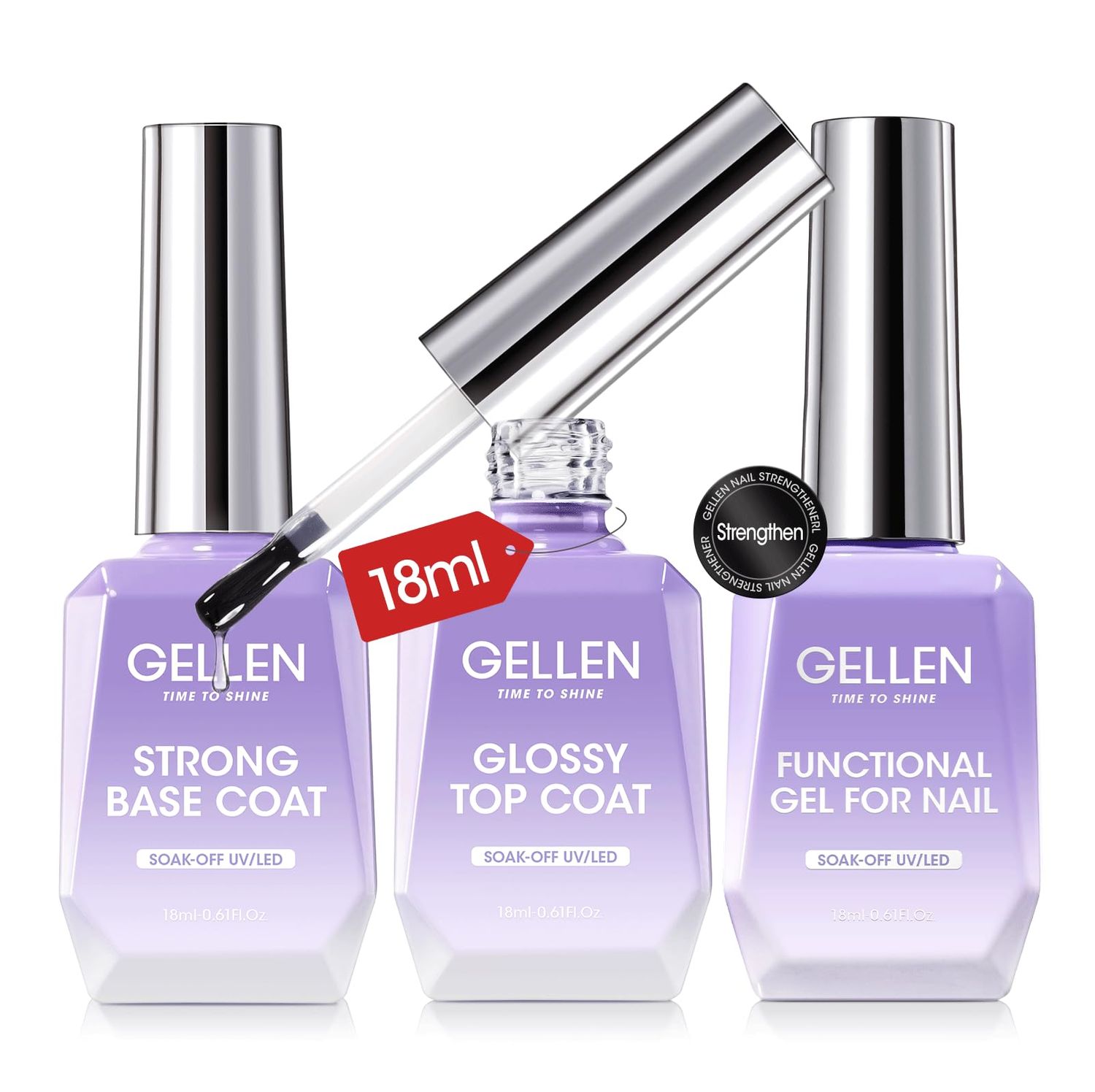 Gellen Gel Top Coat Base Coat with Nail Strengthener, 3 Pcs 18 ml No Wipe Glossy Top Coat Set for Gel Nail Polish, Soak Off Base Gel Polish Hardener Care for Thin Weak Nails Salon Manicure