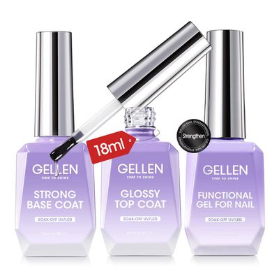 Gellen Gel Top Coat Base Coat with Nail Strengthener, 3 Pcs 18 ml No Wipe Glossy Top Coat Set for Gel Nail Polish, Soak Off Base Gel Polish Hardener Care for Thin Weak Nails Salon Manicure