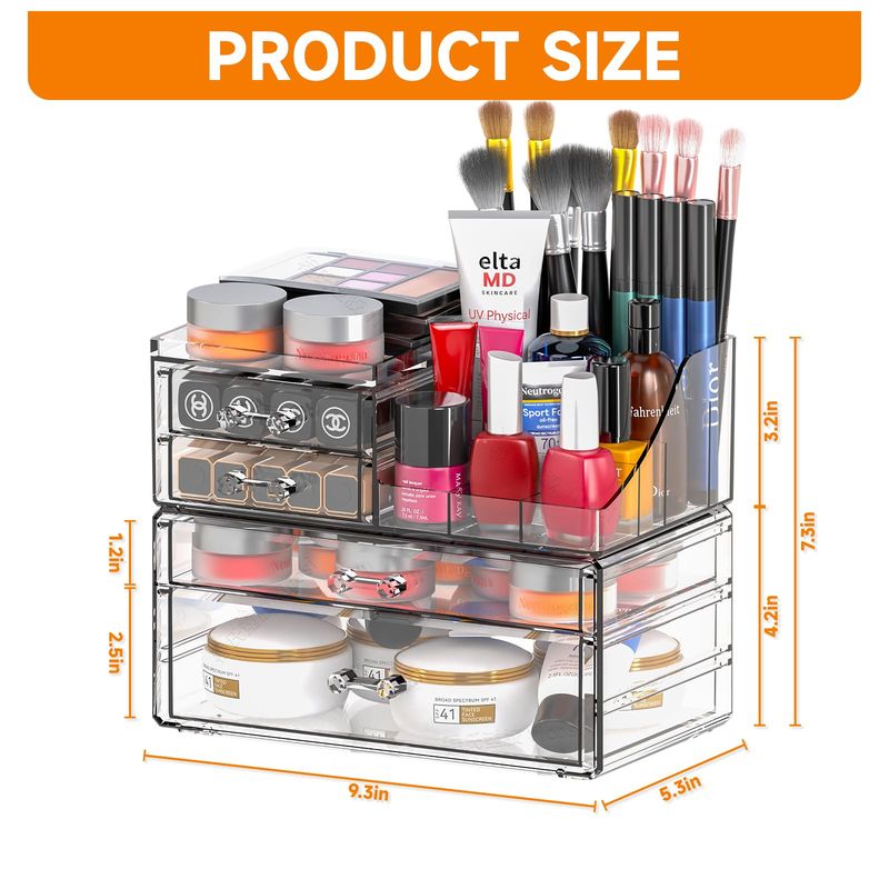 2 Pack Clear Cosmetic Organizer Countertop,Stackable 8 Drawer Acrylic Makeup Organizer and Skincare Organizer,Large Cosmetic Storage Organizer for Skin Care,Beauty Product,Perfume Organizer for Vanity