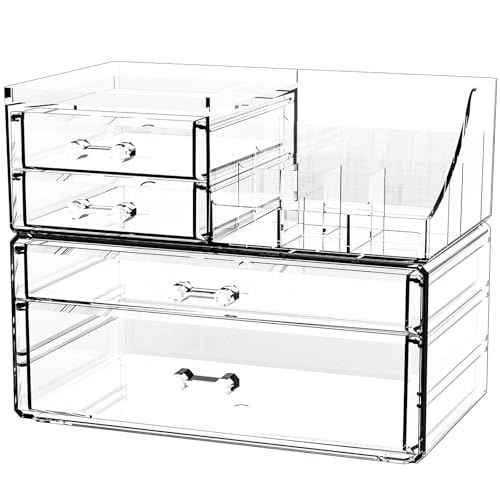 2 Pack Clear Cosmetic Organizer Countertop,Stackable 8 Drawer Acrylic Makeup Organizer and Skincare Organizer,Large Cosmetic Storage Organizer for Skin Care,Beauty Product,Perfume Organizer for Vanity