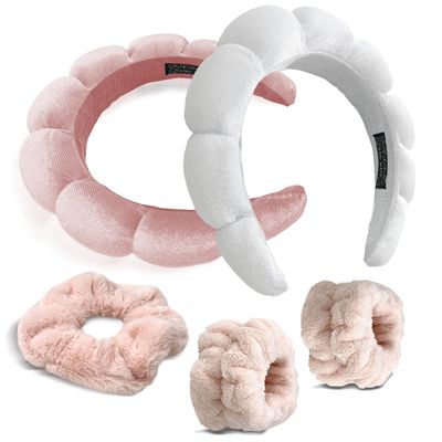 ApaLux Skincare Headband Set for Women - Pink &amp; White Face Wash Headband, Absorbent Wristbands and Fashionable Scrunchie - Perfect for Washing Face, Spa, Yoga, Makeup and More
