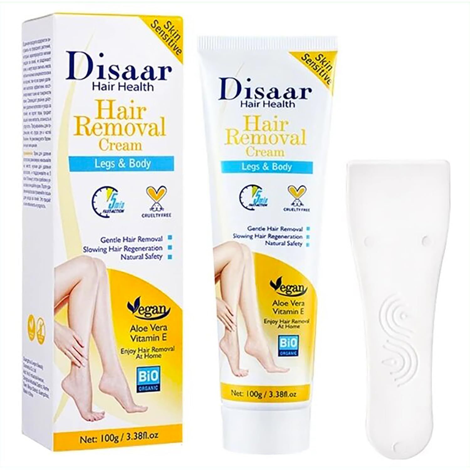DISAAR BEAUTY Hair Removal Cream Legs Body 5 min Fast-Action Armpits Breasts Arms Bikini Area Vegan All Type Of Skin 100g / 3.38fl.oz (Aloe Vera Vitamin E - Sensitive Skin)