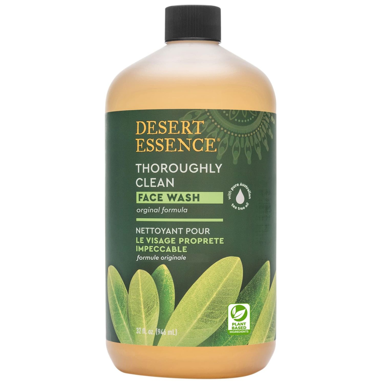 Desert Essence Thoroughly Clean Face Wash with Tea Tree Oil, Castile Soap and Coconut Oil - Organic Facial Cleanser for Sensitive and Oily Skin, Vegan &amp; Cruelty-Free, 32 fl oz