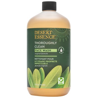 Desert Essence Thoroughly Clean Face Wash with Tea Tree Oil, Castile Soap and Coconut Oil - Organic Facial Cleanser for Sensitive and Oily Skin, Vegan &amp; Cruelty-Free, 32 fl oz