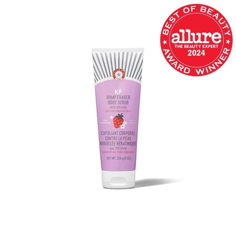 First Aid Beauty - KP Bump Eraser Body Scrub with 10% AHA, Keratosis Pilaris Exfoliater with Glycolic and Lactic acids, Helps Reduce Chicken Skin Bumps, Safe for Sensitive Skin, Strawberry Scent, 8 oz