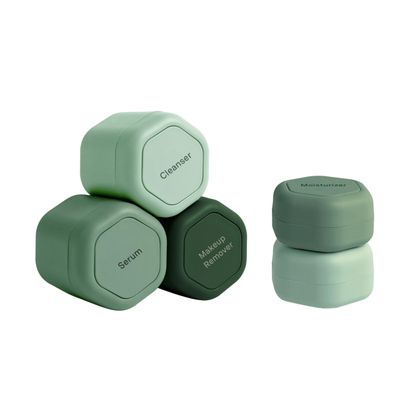 Cadence Travel Containers - Core Skincare Set - Magnetic Travel Capsules - 2 Small (0.56oz) &amp; 3 Medium Capsules (1.32oz) with Cleanser, Moisturizer, Serum, Makeup Remover &amp; Sun-Icon Label - Evergreen