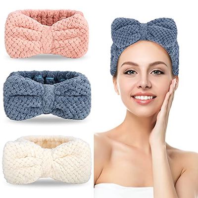 3 Pack Microfiber Bowtie Headbands for Women - Makeup, Skincare, Face Washing Headbands (White, Pink, Navy)