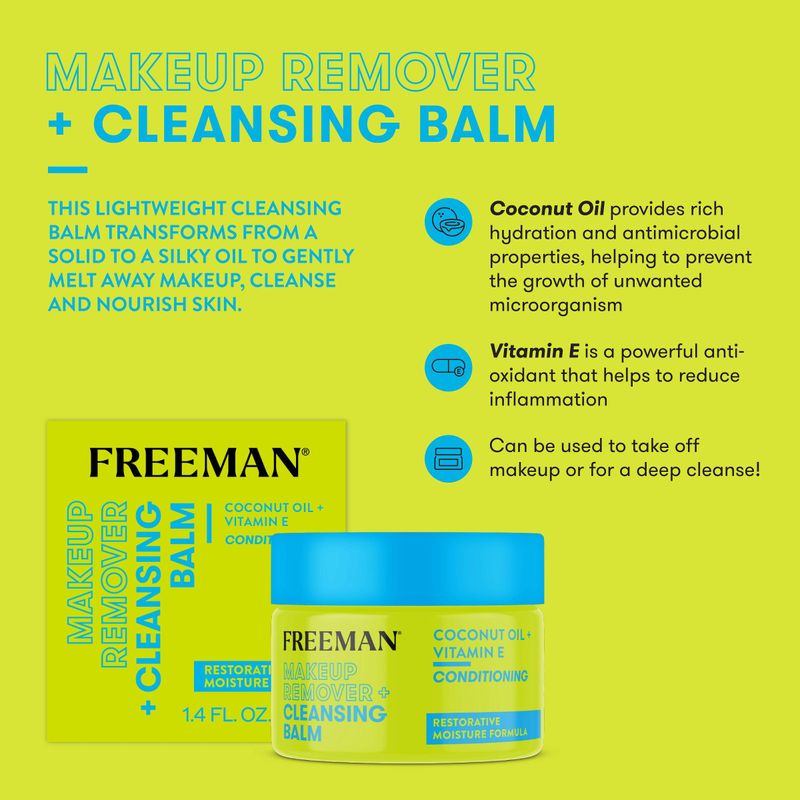 Freeman Makeup Remover + Cleansing Balm, Moisturizing &amp; Nourishing Makeup Remover Balm, Coconut Oil &amp; Vitamin E, Gently Removes Tough Makeup &amp; Cleanses, 1.4 fl.oz./ 42 mL Jar, 1 Count