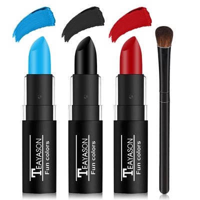 DAMUSI 3 Colors Face Body Paint Sticks for Skin Eye Black Baseball Softball Football Sticks with Brush,Suitable for Clown Cosplay Halloween Joker Vampire MakeupBlue/Black/Red Face Paint Sticks