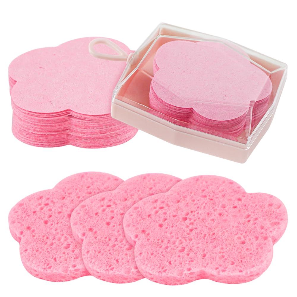 Flower Compressed Facial Sponges with Case for Travel, 100% Natural Cellulose Facial Cleansing Sponges Pads Exfoliating Sponges for Cleansing,Pore Exfoliating,Makeup RemovalPink