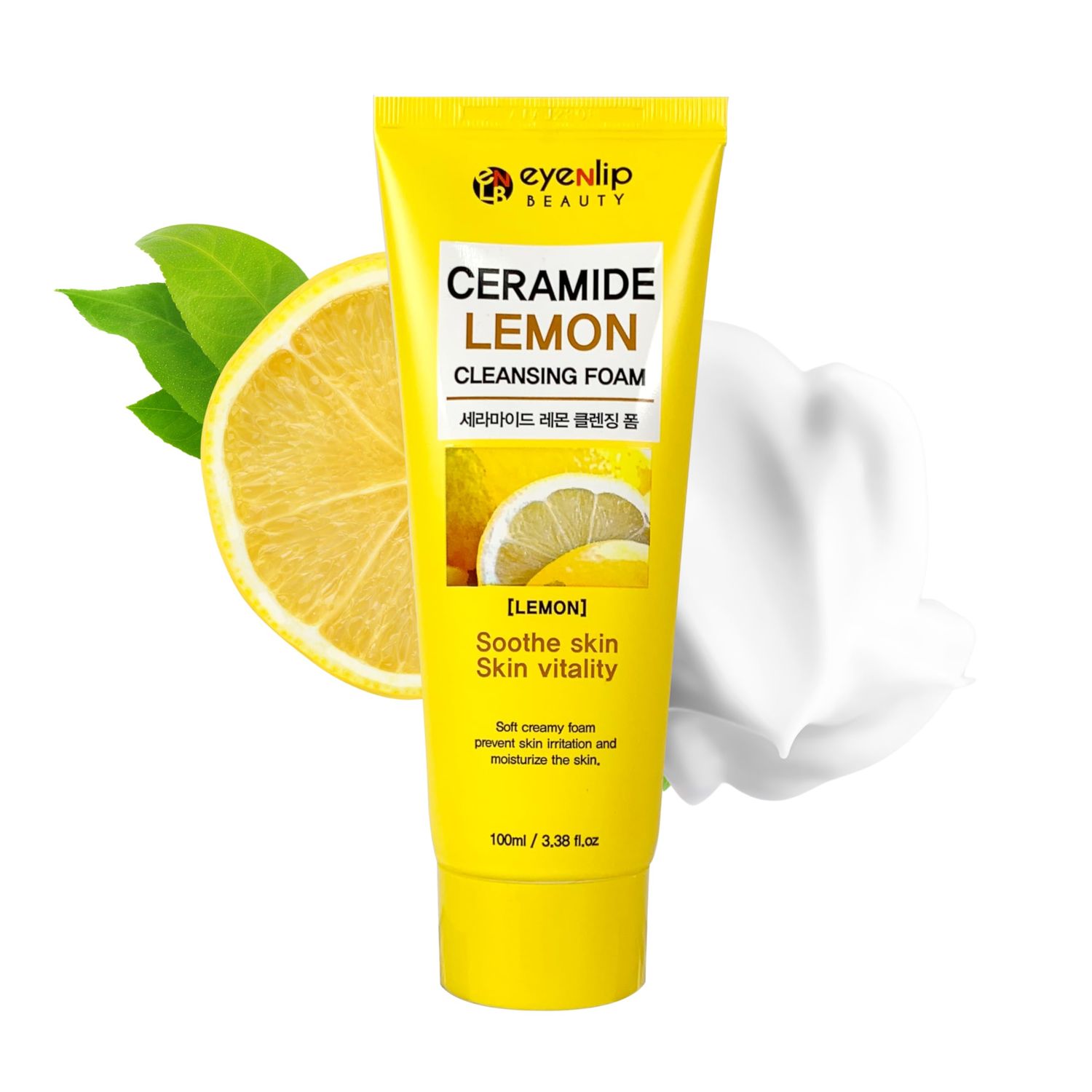 eyeNlip Ceramide Lemon Cleansing Foam - 3.38 fl oz (100ml) - Gentle Face Wash for Hydration and Makeup Removal - Korean Cleanser with Lemon Extract for Oily Skin - Refreshing and Soothing Skincare