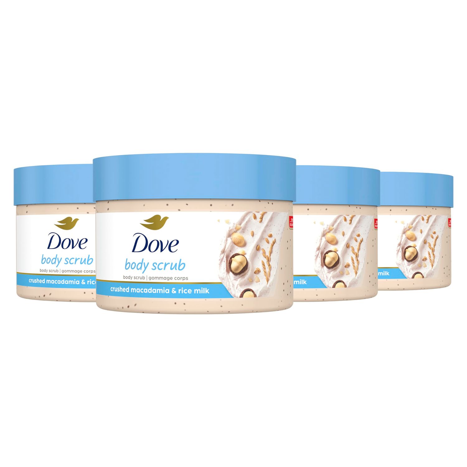 Dove Exfoliating Body Polish Scrub Reveals Visibly Smoother Skin Macadamia &amp; Rice Milk Body Scrub That Nourishes Skin, 10.5 oz, 4 Count