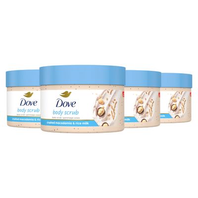 Dove Exfoliating Body Polish Scrub Reveals Visibly Smoother Skin Macadamia &amp; Rice Milk Body Scrub That Nourishes Skin, 10.5 oz, 4 Count
