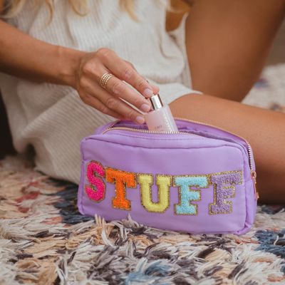 Fablinks Preppy Pouch, Chenille Varsity Letter Stuff Bag, Purple STUFF Nylon Skin Care Patch Bags Organizer, Travel Make Up Skincare Cosmetic Zipper Bags for Women