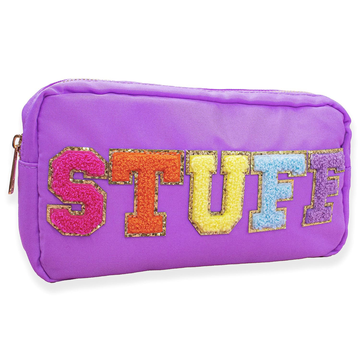 Fablinks Preppy Pouch, Chenille Varsity Letter Stuff Bag, Purple STUFF Nylon Skin Care Patch Bags Organizer, Travel Make Up Skincare Cosmetic Zipper Bags for Women