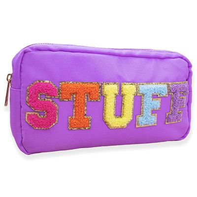 Fablinks Preppy Pouch, Chenille Varsity Letter Stuff Bag, Purple STUFF Nylon Skin Care Patch Bags Organizer, Travel Make Up Skincare Cosmetic Zipper Bags for Women