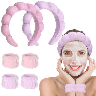Cenbellr Spa Headband Set for Face Washing - Makeup Headband, Wristband and Terry Cloth Bubble Mask for Women&#39;s Skincare (pink-purple)