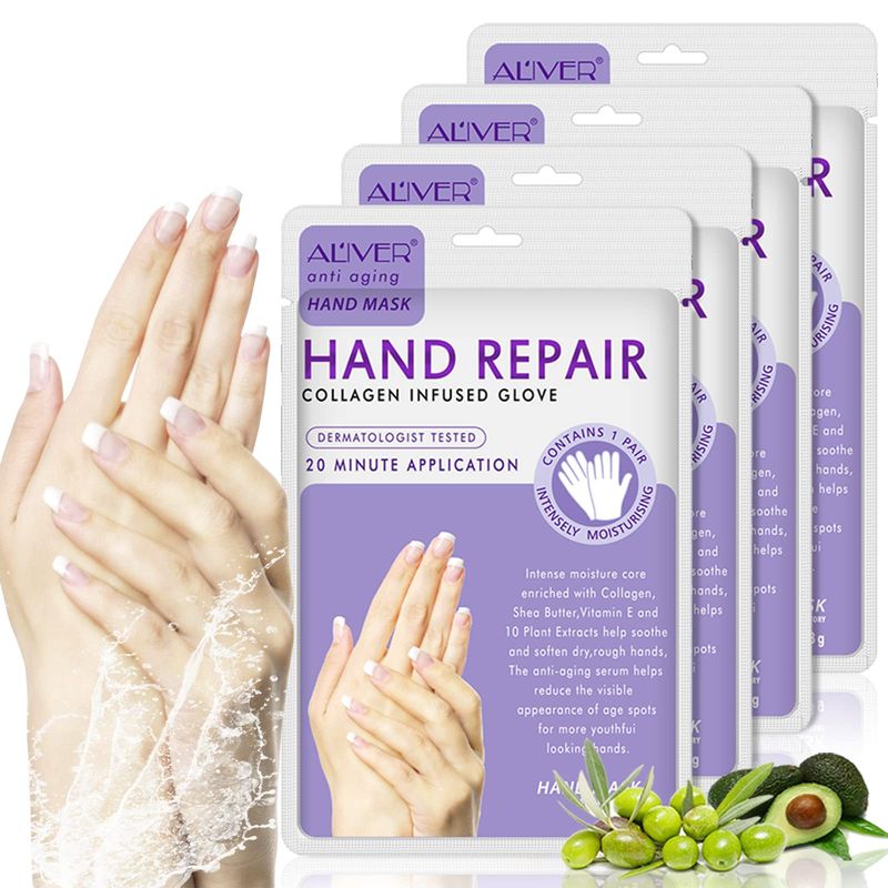 AIQIUSHA 4 Pack Hands Moisturizing Gloves, Hand Spa Mask Infused Collagen, Serum + Vitamins + Natural Plant Extracts for Dry, Cracked Hands, Moisturizer Hands Mask, Repair Rough Skin for Women&amp;Men