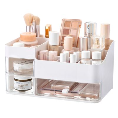 HBlife Makeup Organizer for Vanity Bathroom Organizer Large Skincare Organizers with 3 Drawers Makeup Organizers and Storage Cosmetic Storage, White