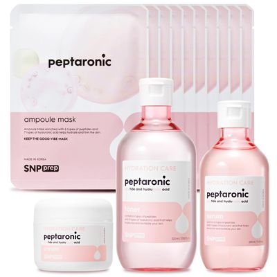 [K Beauty Snp] 4-in-1 Peptaronic Skincare Set | Peptide and Hyaluronic Acid Complete Skin Care Set | Includes Facial Toner, Cream, Face Serum, and Ampoule Sheet Face Masks | Skin Care Gift Set of 1
