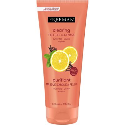 Freeman Clearing Peel-Off Clay Mask, Brightening &amp; Toning Facial Mask, Tea &amp; Lemon Help Even Skin, Antioxidant Rich, Clay Face Mask For Breakouts, Cruelty-Free &amp; Vegan, 6 fl. oz./175 ml Tube, 1 Count