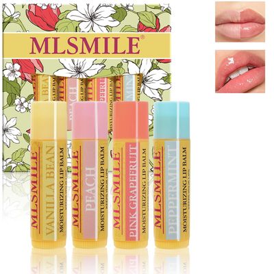 BEUKING 4 Pcs Lip Balm Set, Fruit Flavors Lip Butters with Vitamin E Smooth Anti-Chapted Moisturizing Soft Nourish Prevent Dryness &amp; Chapping Antioxidant for Spring, Summer, Autumn, Winter Lip Care