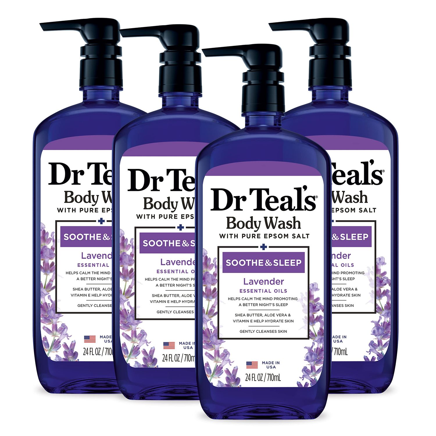 Dr Teal&#39;s Body Wash with Pure Epsom Salt, Soothe &amp; Sleep with Lavender, 24 fl oz (Pack of 4) (Packaging May Vary)