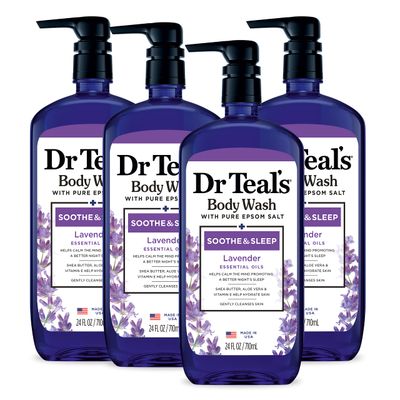 Dr Teal&#39;s Body Wash with Pure Epsom Salt, Soothe &amp; Sleep with Lavender, 24 fl oz (Pack of 4) (Packaging May Vary)