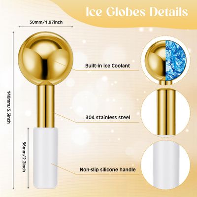 Baderke 2 Pcs Ice Globes for Facials Stainless Steel Cooling Globes Unbreakable Cooling Roller for Women Ice Balls Cryo Sticks for Face Skin Care for Dark Circles, Puffiness (Gold (white Handle))