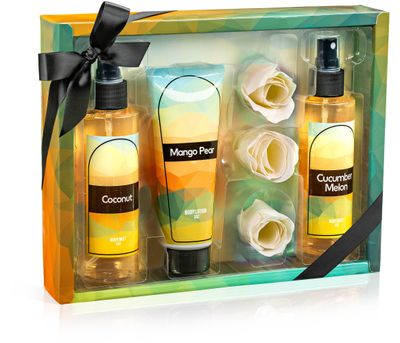 Fine Fragrance Body Mist &amp; Body Splash Gift Set - Luxury Self-Care Combo for Women and Girls (Coconut, Cucumber, Mango Pear, Rose Soap)