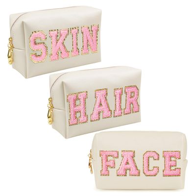 Chenille Letter Patch Makeup Bag, Preppy Cosmetic Bag PU Leather Skincare Bag with Zipper, Toiletry Bag Waterproof Travel Organizer Bag for Women Face Hair Skin Makeup Bag 3 Pcs