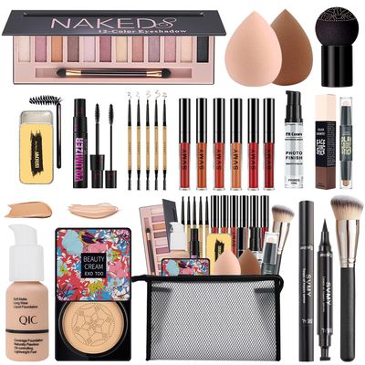 All in One Makeup Kit for Women Full Kit, 12 Colors Eyeshadow, Foundation &amp; Primer, CC Cream, Lipsticks, Mascara, Makeup Brush &amp; Sponge, Brow Pencil &amp; Soap, Eyeliner, Contour Stick, Cosmetics Bag
