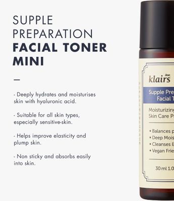 [DearKlairs] Supple Preparation Facial Toner, with Hyaluronic Acid, moisturizer, Without paraben and Alcohol, Korean Skin Care, Hydrating Toner for face, Sensitive Skin Toner (30ml, 1.01 Fl Oz)
