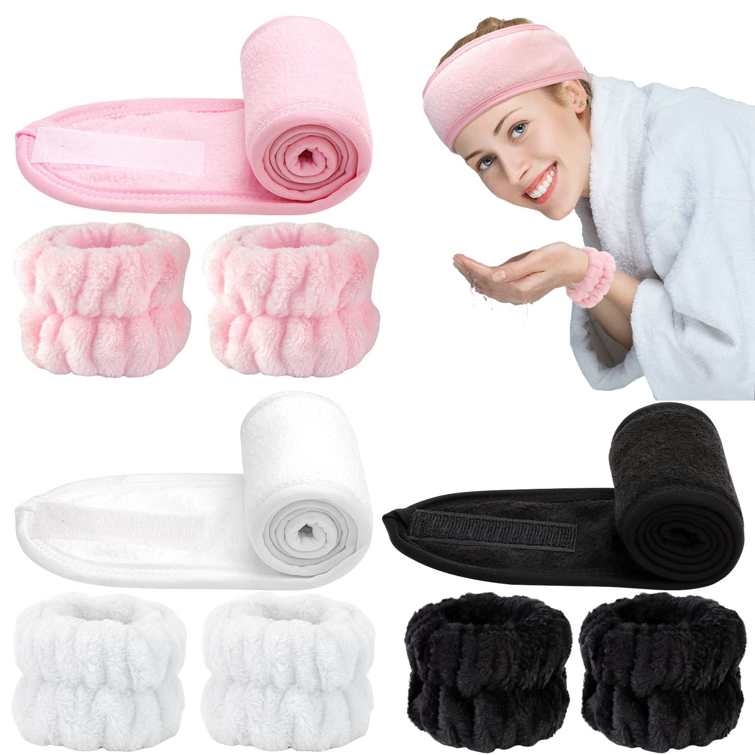 BAHABY 9 PCS Spa Facial Headbands and Wrist Bands Set, Cloth Headband Adjustable Hairband Highly Absorbent Wristbands Headband for Washing Face Shower Skincare Makeup (White, Black, Pink)