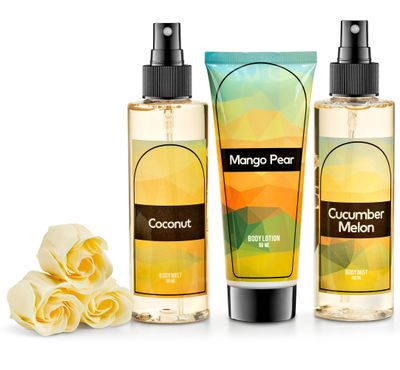 Fine Fragrance Body Mist &amp; Body Splash Gift Set - Luxury Self-Care Combo for Women and Girls (Coconut, Cucumber, Mango Pear, Rose Soap)