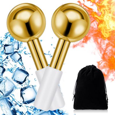 Baderke 2 Pcs Ice Globes for Facials Stainless Steel Cooling Globes Unbreakable Cooling Roller for Women Ice Balls Cryo Sticks for Face Skin Care for Dark Circles, Puffiness (Gold (white Handle))