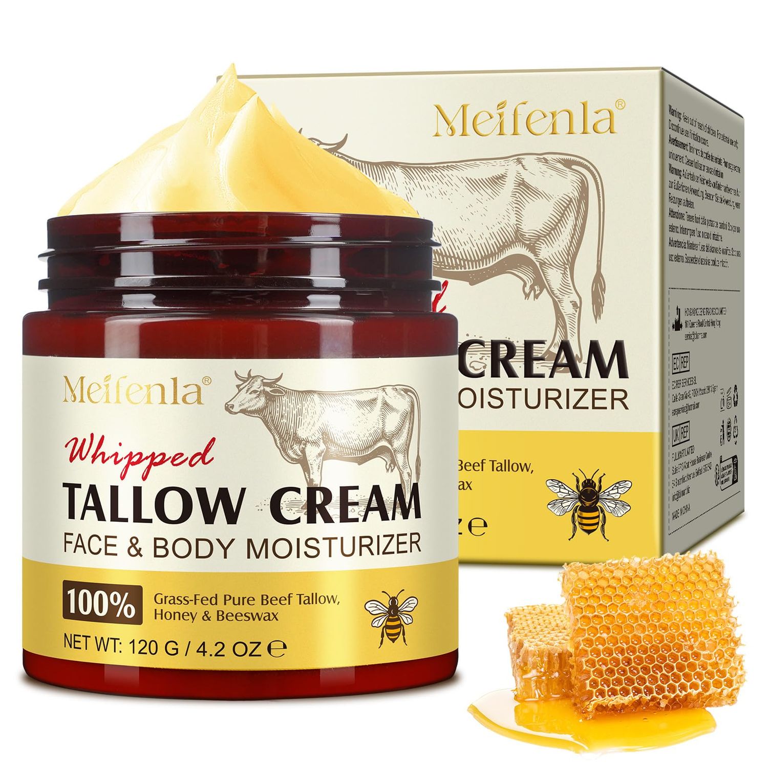 Gorgeurora Beef Tallow for Skin, Beef Tallow and Honey Balm 4.2oz, Tallow Face Moisturizer, Organic Grass - Fed Whipped Beef Tallow and Honey Balm - Deeply Moisturizing for Face &amp; Body, Softens Dry