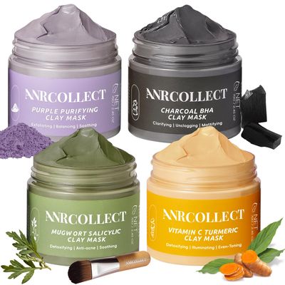 ANRCOLLECT 4PCS Clay Mask Set, Vitamin C Mask + Charcoal Face Mask + Mugwort Mask + Purple Mask, Face Skincare Mask for Women, Face Mask for Refining Pores &amp; Controling Oil, Dry &amp; Oily Skin