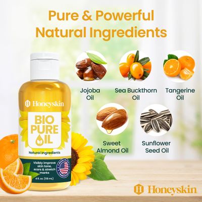 Bio Pure Skincare Oil - Moisturizer for Dry Skin - Pregnancy Stretch Mark Prevention - Oil for Scars - Stretch Mark Treatment with Sweet Almond for skin (4oz)