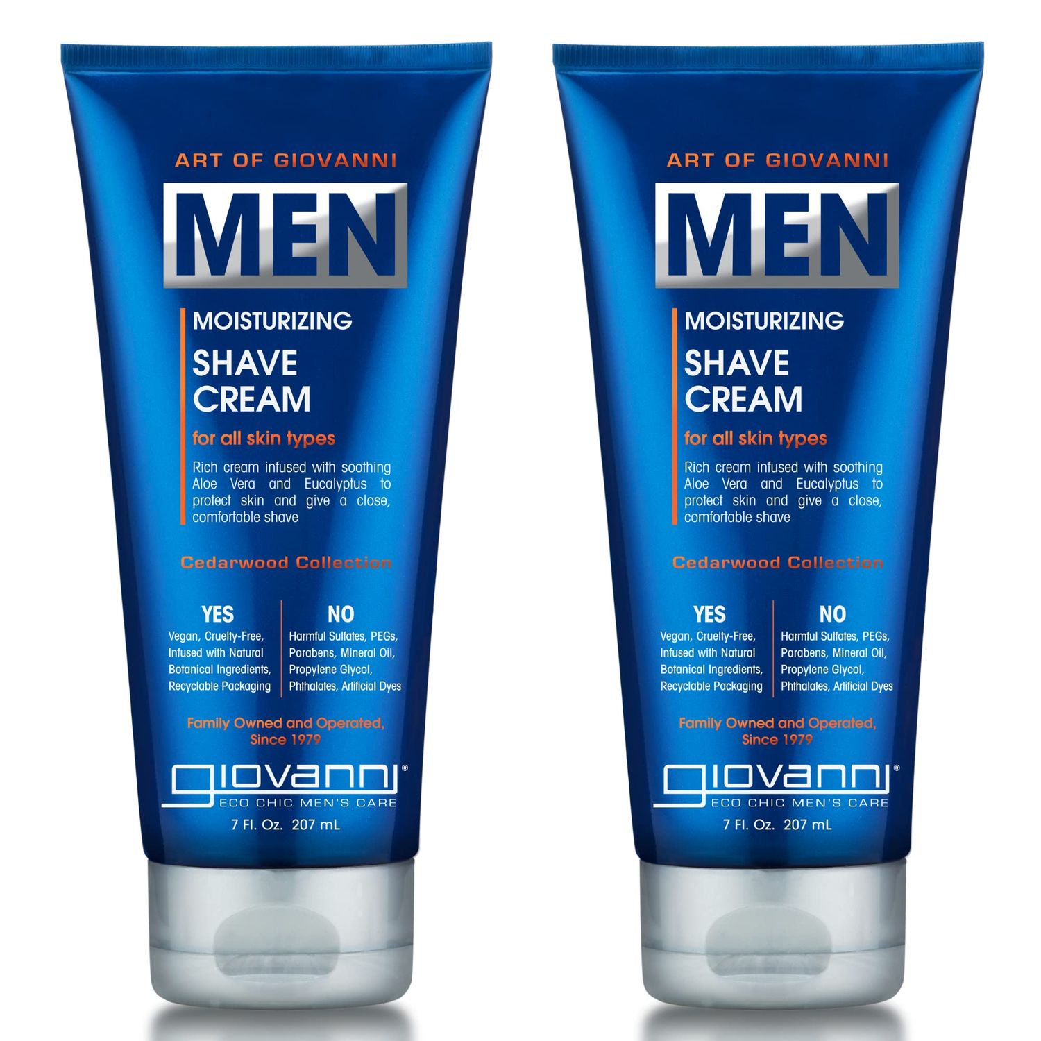 GIOVANNI Men&#39;s Moisturizing Shave Cream - Aloe Vera, Eucalyptus, Hydrates, Protects &amp; Nourishes, Prevents Irritation, Men&#39;s Cedarwood Collection For All Skin Types, Vegan-Friendly - 7 oz (Pack of 2)