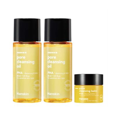 Hanskin PHA Pore Cleansing Oil and PHA Cleansing Balm, Sample Trial Size, Travel Size Mini Makeup Remover Set, Gentle Blackhead Cleanser for Sensitive Skin [30 ml/Pack of 2] + [8g/PHA Balm]
