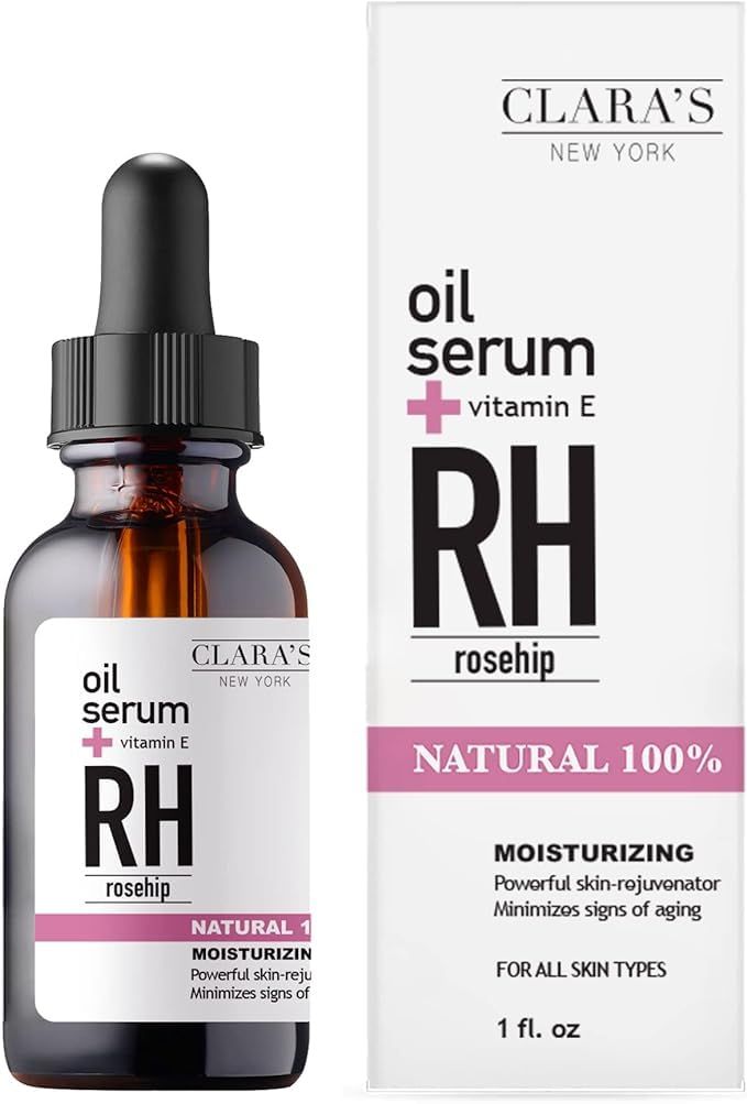 CLARA&#39;S NEW YORK 100% Natural Rosehip Facial Oil Serum with Vitamin E - Rejuvenating, Moisturizing and Anti-Aging, Hydrating Face Oil for Fine Lines Wrinkles Glowing Healty Look - 30ml - Made in USA
