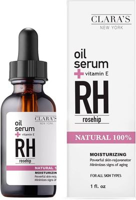 CLARA&#39;S NEW YORK 100% Natural Rosehip Facial Oil Serum with Vitamin E - Rejuvenating, Moisturizing and Anti-Aging, Hydrating Face Oil for Fine Lines Wrinkles Glowing Healty Look - 30ml - Made in USA