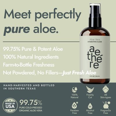 Aethere Aloe Vera Gel for Face, Skin and Hair - Sunburn Relief - Cold Pressed Organic Aloe Vera - Grown and Harvested in Texas - USA - Elixir - 8 Fl Oz