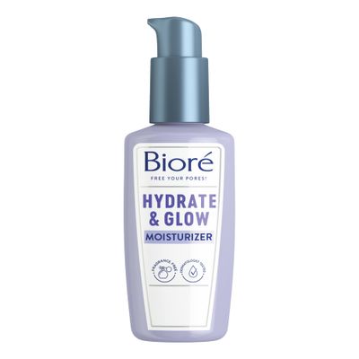 Biore Hydrate &amp; Glow Facial Moisturizer for Dry Skin, Sensitive Skin, Infused with Coconut Water, Prebiotics and Avocado Oil, Dermatologist Tested, Fragrance Free,3.4 Oz