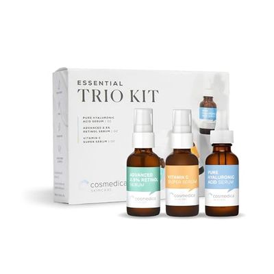 Cosmedica Skincare Facial Serum Trio Set Value for Clear Skin - Vitamin C Super Serum, 2.5% Retinol Serum, Pure Hyaluronic Acid Serum - Vegan, Cruelty-Free Skincare 3 pack
