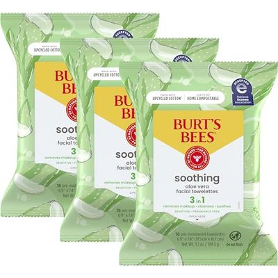 Burt&#39;s Bees Aloe Vera Face Wipes, for Sensitive Skin, Soothing Makeup Remover &amp; Facial Cleansing Towelettes, 30 Ct. (3-Pack)