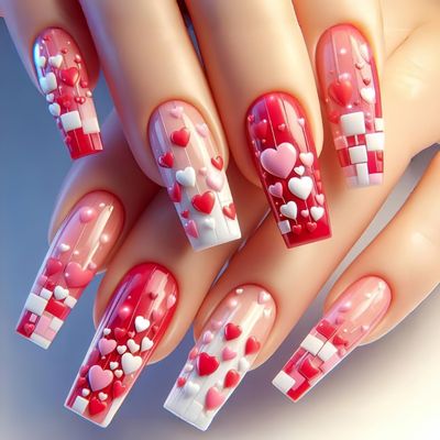 24 Pcs Valentines Day Press on Nails Long Ballerina Fake Nails with Glue Pink Red Coffin False Nails with Heart Design Handmade Nails Press ons Glossy Glue on Nails Reusable Stick on Nails for Women